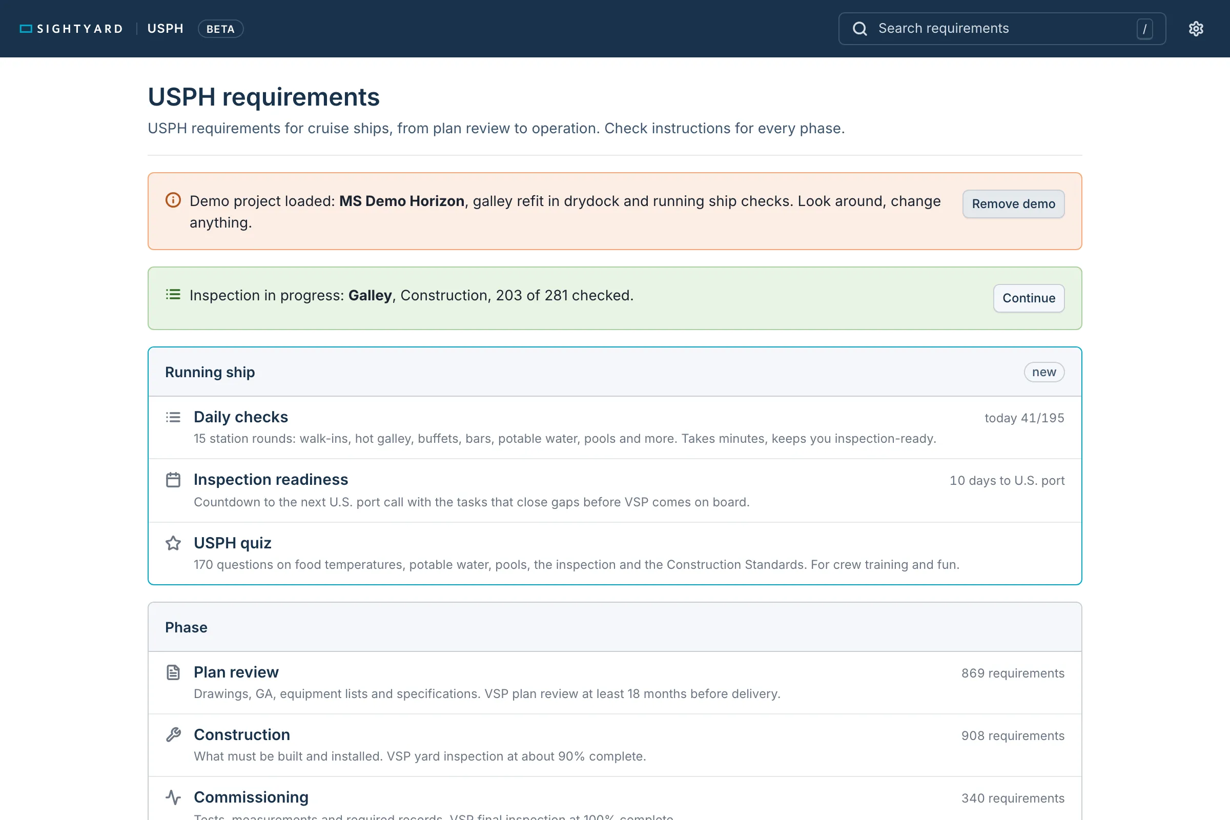 Start page in the demo project: inspection in progress, running ship tools and phases.